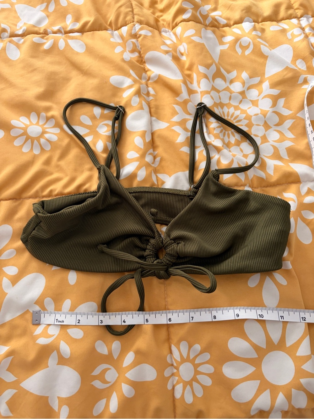 Olive Green Ribbed Tie-Front Bikini Top